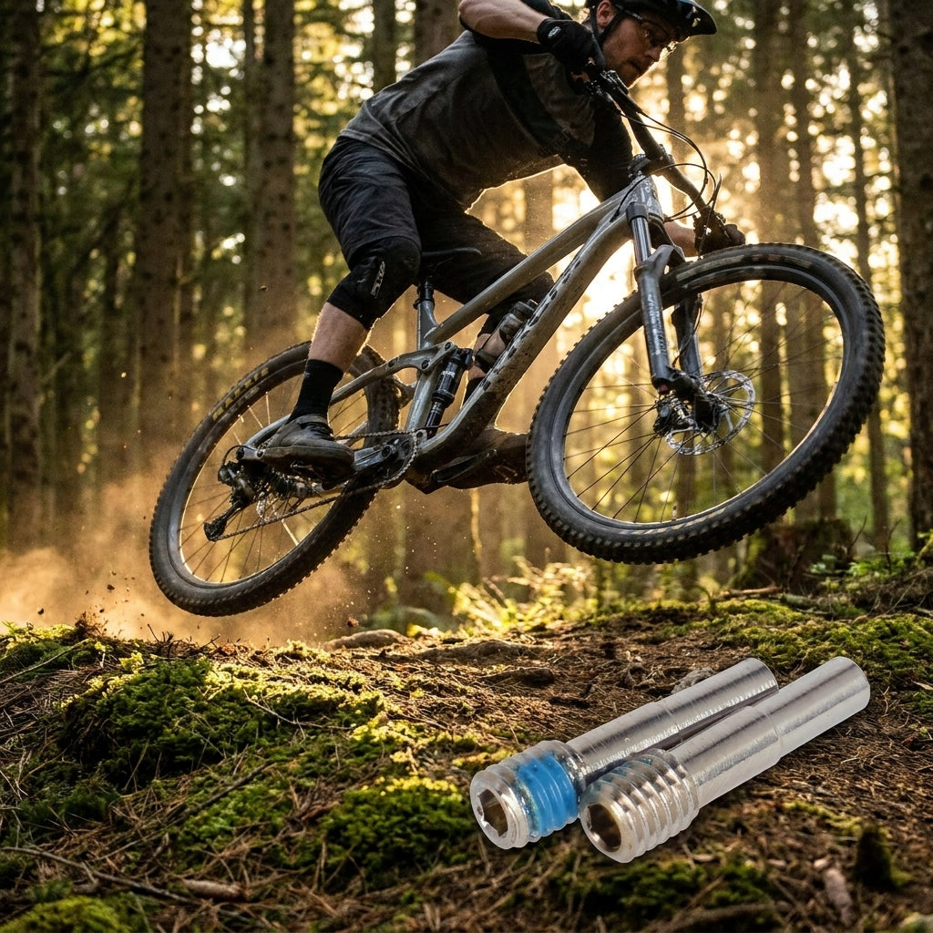 RockShox Hubbegrenzungsschrauben Deluxe RL/RT hinten Trunnion (2 Stück), A1(2017) mit Mountainbiker im Wald.