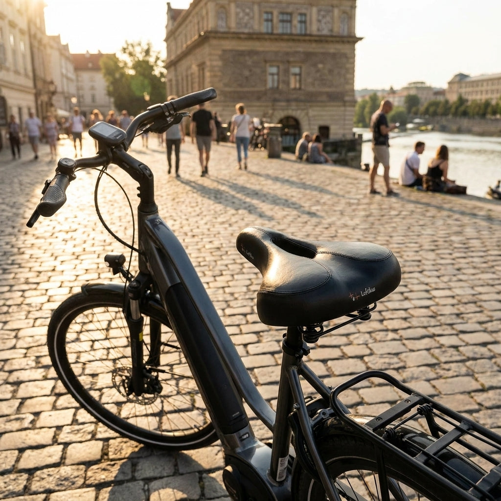 P&P Bequemsattel Luftikus 608 schwarz auf E-Bike in sonniger Stadtkulisse mit Kopfsteinpflaster.