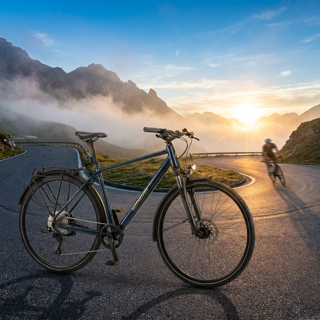 Winora DOMINGO X12 PRO HIGH Trekkingrad in Dunkelblau auf Bergstraße bei Sonnenaufgang mit Radfahrer.