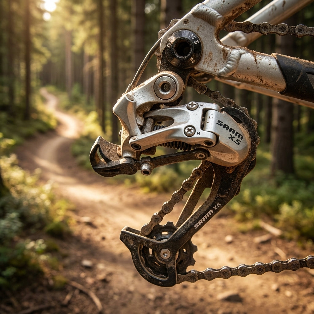 SRAM X.5 8-/9-fach MTB Schaltwerk silber, langer Käfig, dreckig am Mountainbike im Wald auf einem Trail.