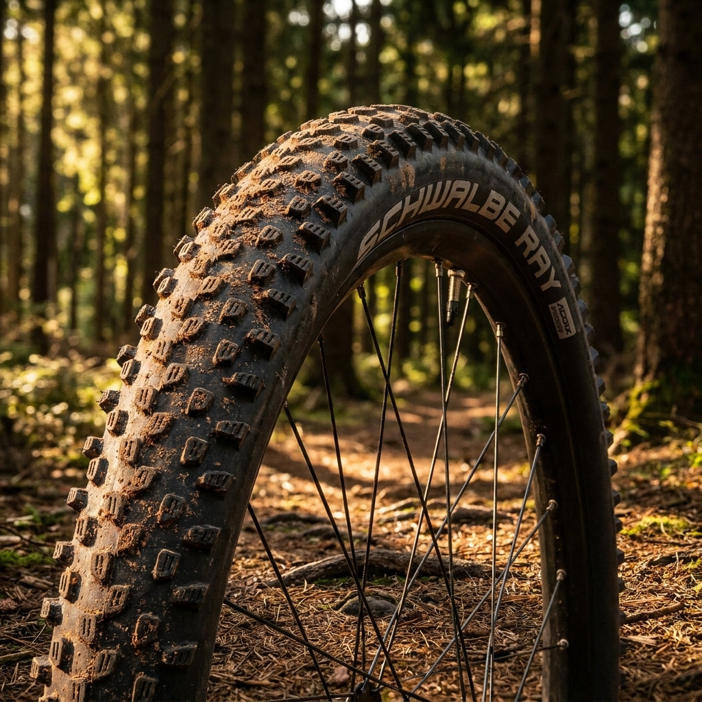 Schwalbe Racing Ray MTB Reifen 27.5x2.25 schwarz, schmutzig auf Waldweg im Sonnenlicht.