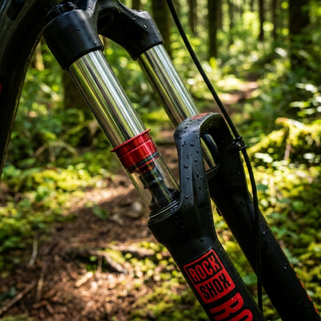 RockShox DebonAir Luftfeder Upgrade Kit an Mountainbike Gabel im Wald, nass.