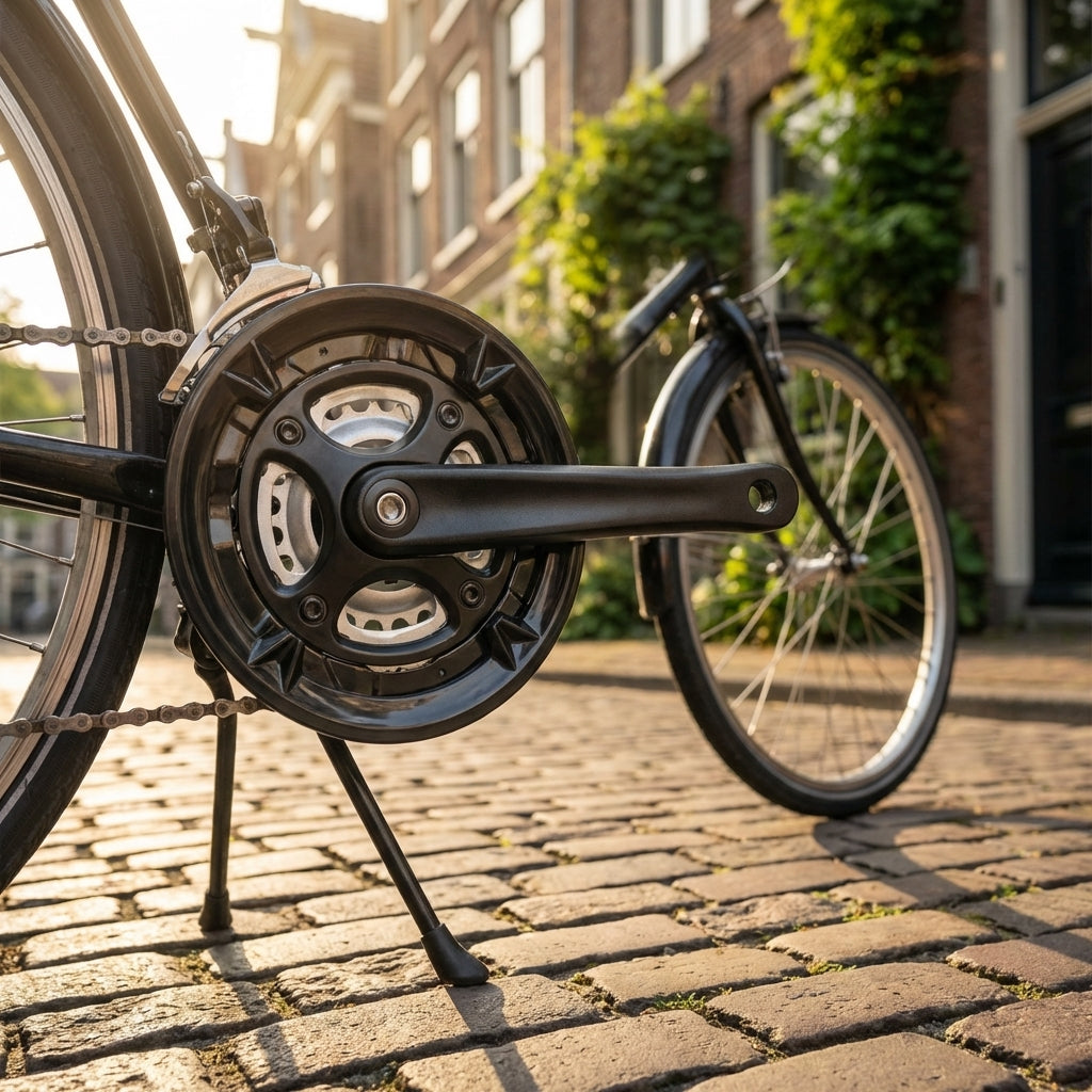 Schwarze Mijnen Pieper Alu Wing Kettenradgarnitur 24/34/42 Zähne am Fahrrad auf Kopfsteinpflaster.
