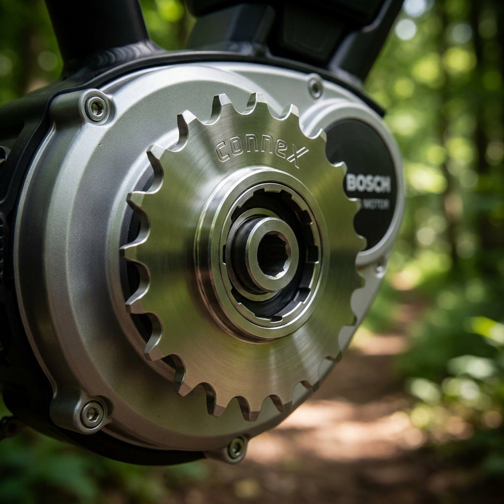 Silbernes Connex Bosch E-Bike-Antriebsritzel 22 Zähne Direct-Mount am E-Bike-Motor auf Waldweg.