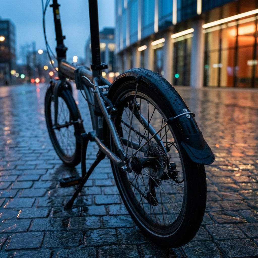 M-WAVE Schutzbleche 20Zoll Kunststoff schwarz mit Streben am Fahrrad im Regen auf nassem Pflaster.