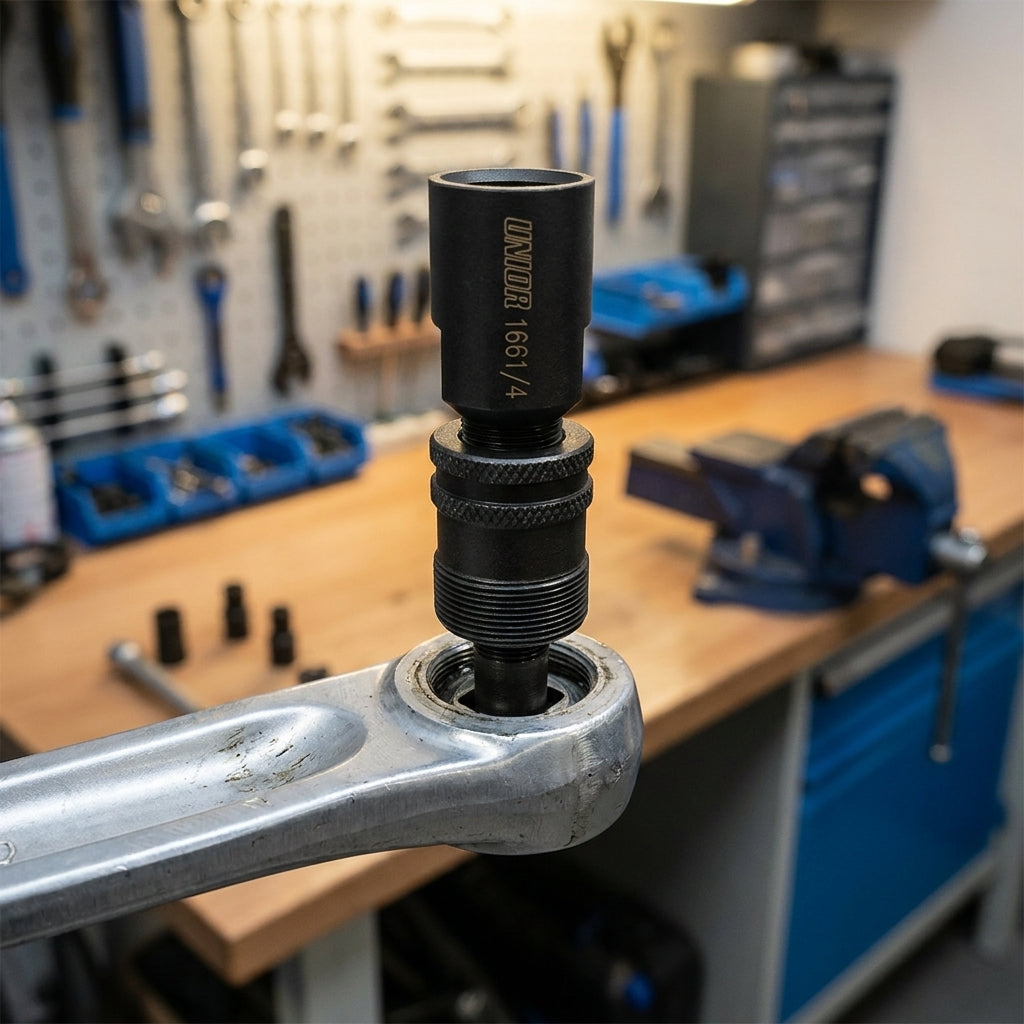 Unior Kurbelabzieher Standard 14mm 1661/4 an Fahrradkurbel in Werkstatt.