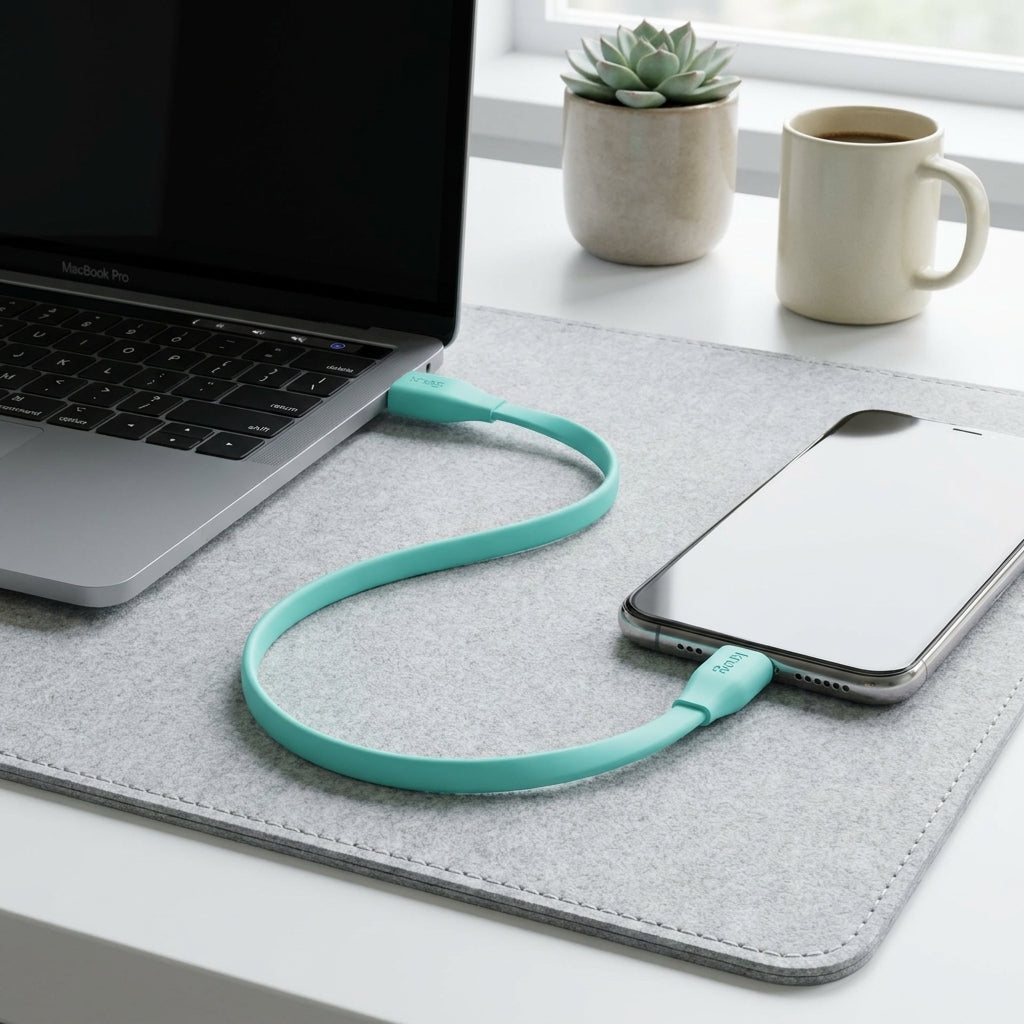 Knog USB Verlängerungskabel Türkis verbindet Laptop und Smartphone auf einem Schreibtisch.