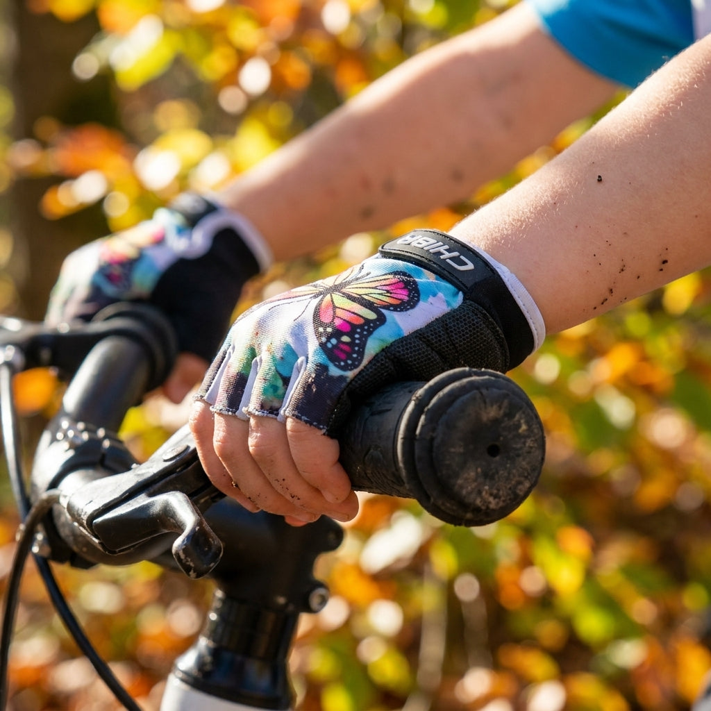CHIBA Cool Kids Kinder Radhandschuhe L Papillon mit Griptec-Innenhand an Kinderhänden am Fahrradlenker.