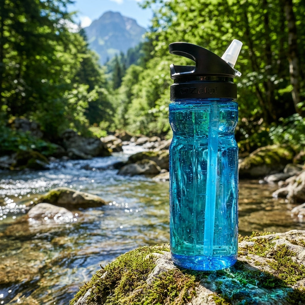 Zefal Trinkflasche Trekking 700ml blau transparent mit Strohhalm auf Felsen an einem Gebirgsbach.