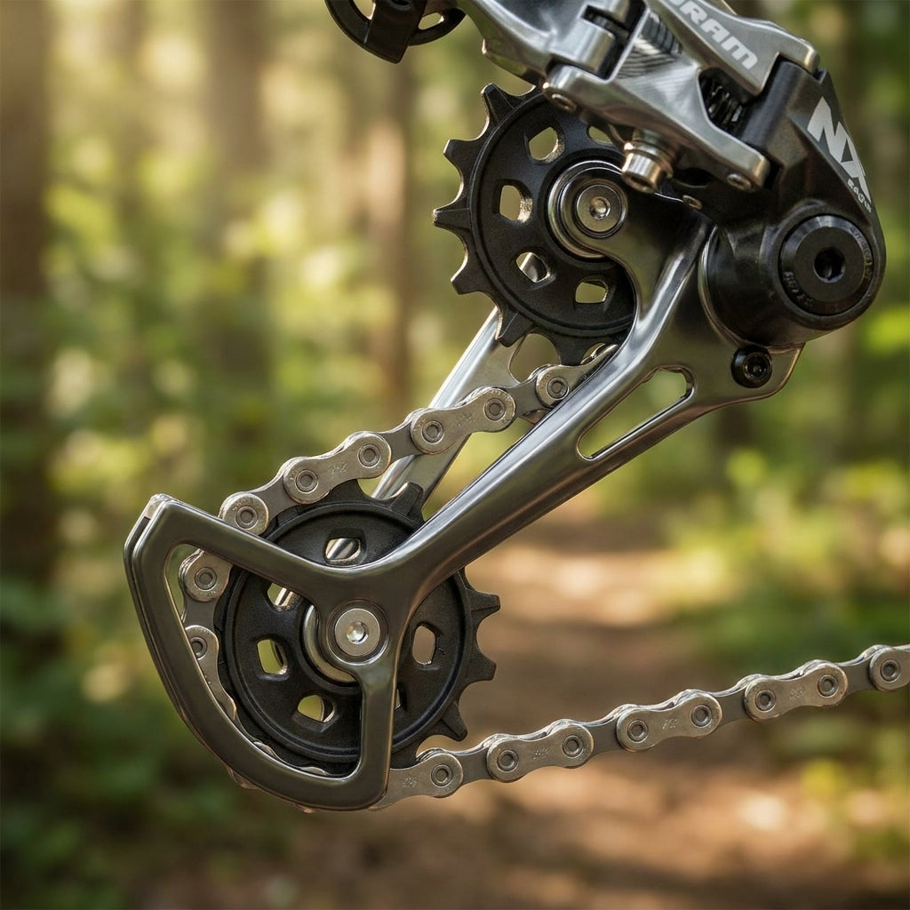 SRAM NX Eagle 12-fach Ersatz-Schaltrollen am Schaltwerk. Nahaufnahme der Schaltrollen und Kette an Mountainbike im Wald.