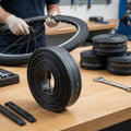 Gerollter Schwalbe Fahrradschlauch AV13 mit Auto-Ventil auf Holztisch, im Hintergrund weitere Schläuche und Fahrradreparatur.