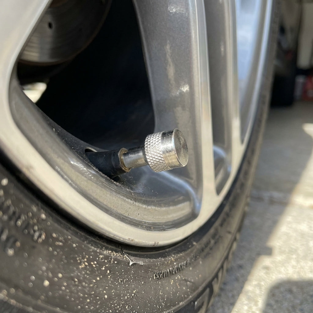 Miljnen Pieper Metallstaubkappe, silber gerändelt, am Autoventil eines Reifens.