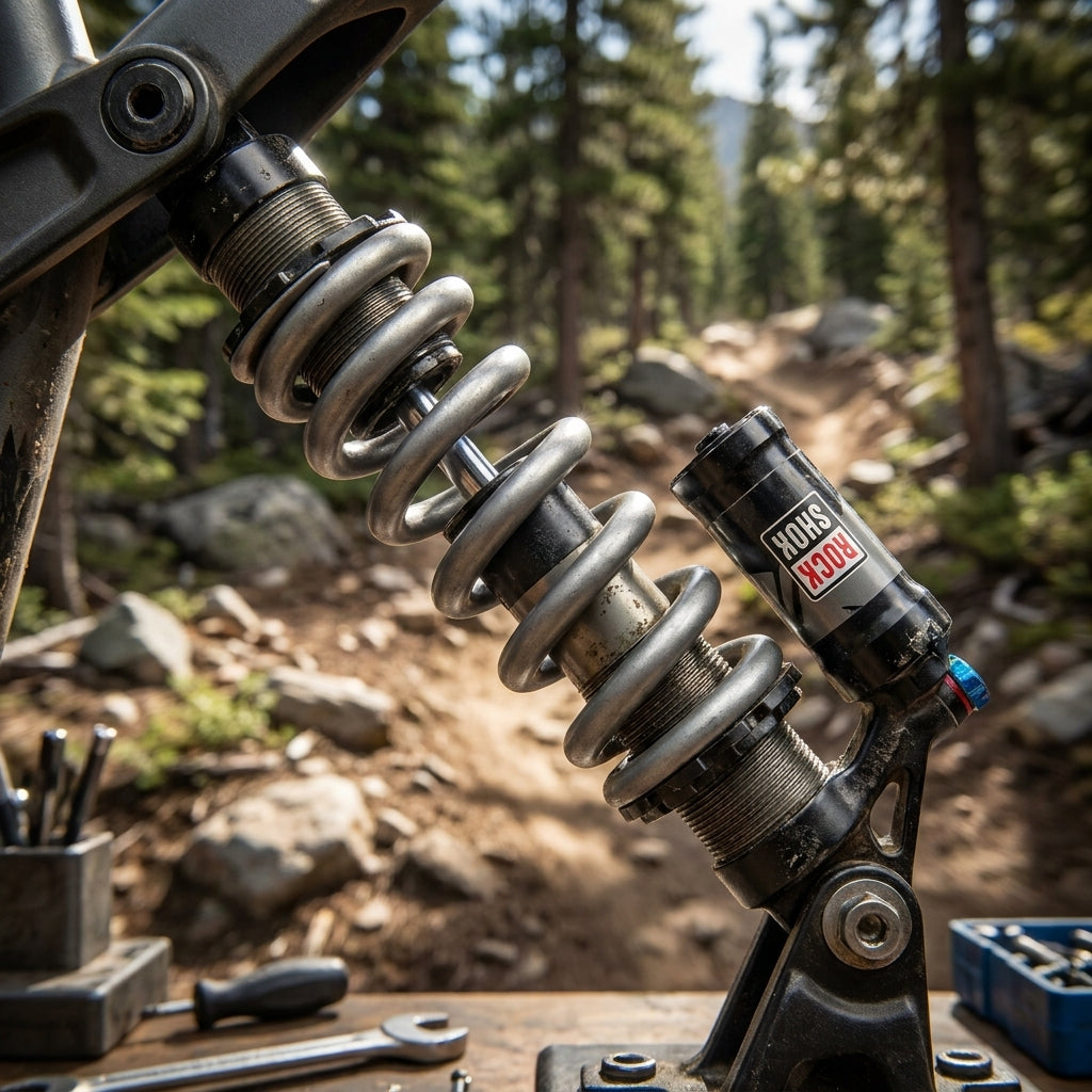 Rockshox Feder f.HR Dämpfer RockS.Vivid/Kage grau 550LB 240x76 auf Werkbank vor Mountainbike-Trail.