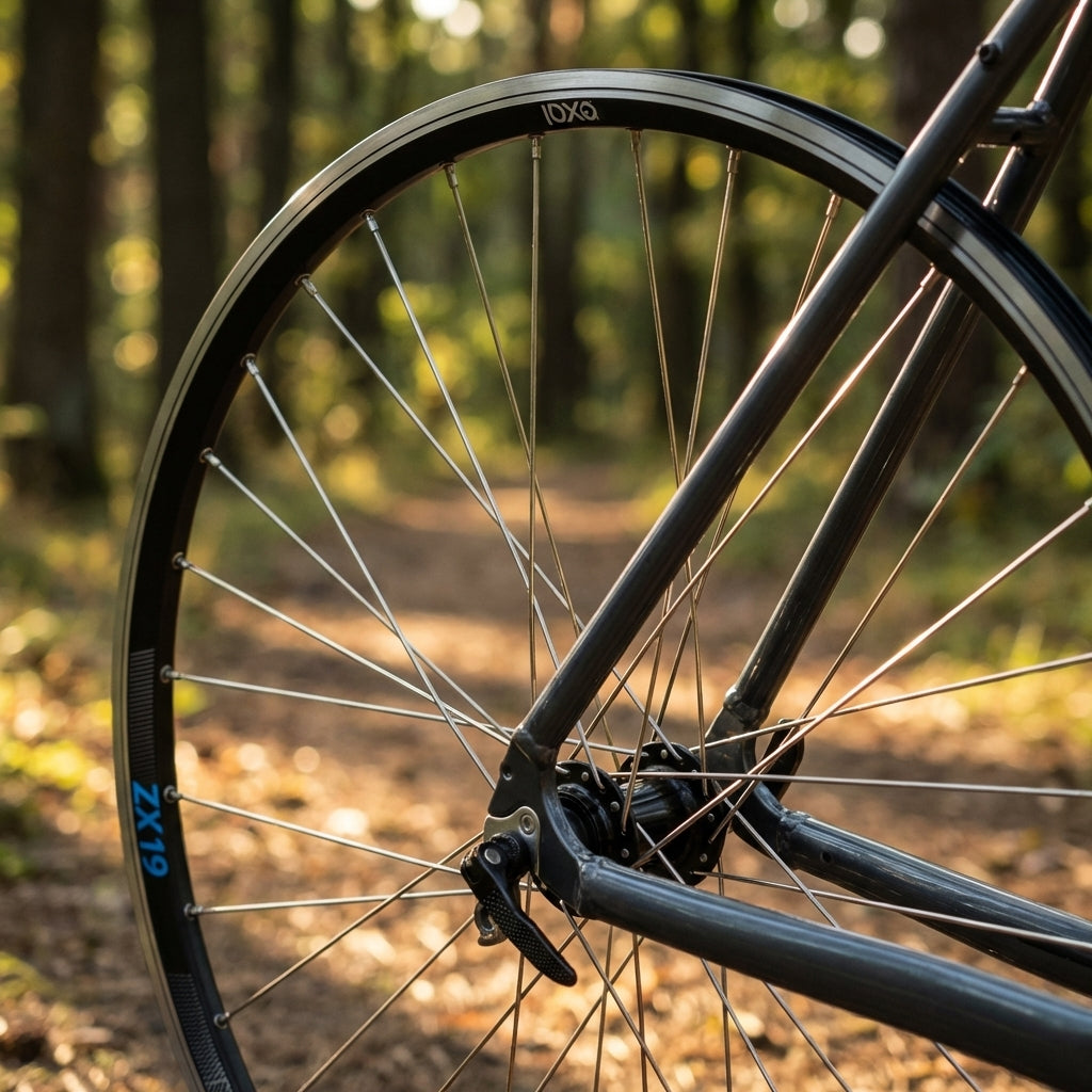 Exal HR ZX19 28 Zoll Hinterrad, stabiles Trekking-Laufrad mit Schnellspanner auf Waldweg.