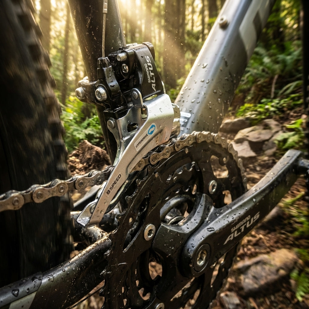 SHIMANO ALTUS FD-M315 2-fach Umwerfer am Mountainbike auf schlammigem Trail mit Wassertropfen und Sonnenstrahlen.