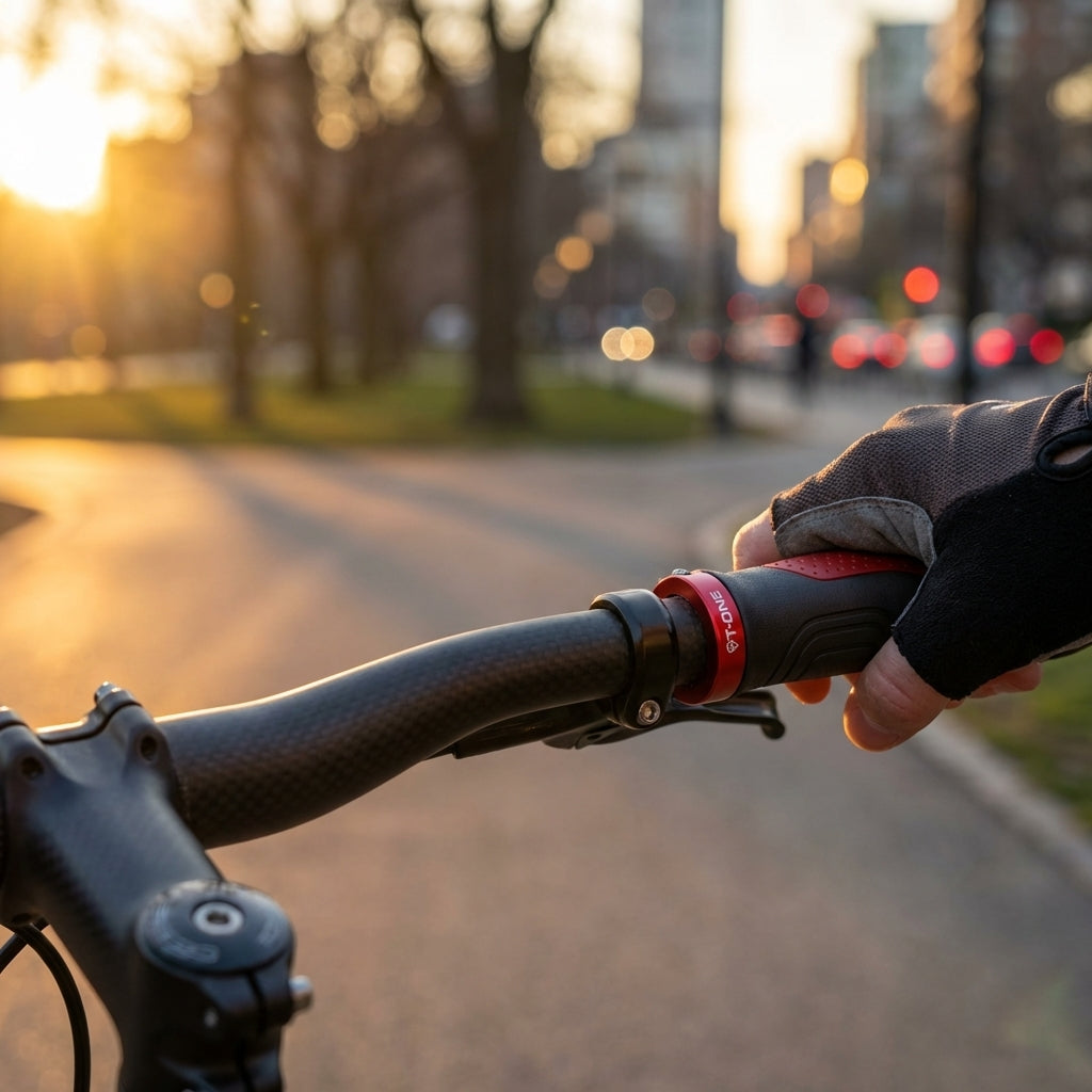 Ergonomische T-One Ripple Ergo Fahrradgriffe in Schwarz-Rot mit Schraubensicherung gegen taube Hände beim Radfahren.