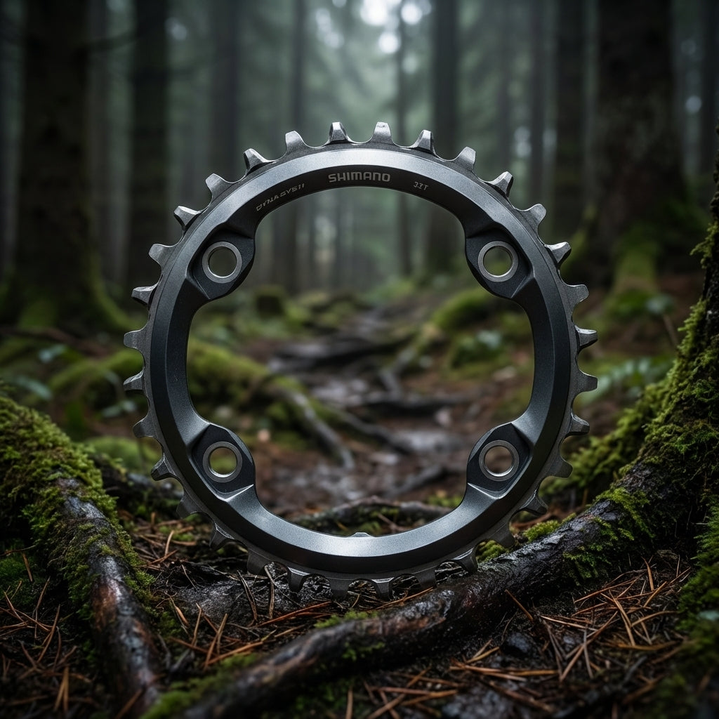 SHIMANO SLX FC-M7000-11 30Z Kettenblatt, auf moosigen Wurzeln im Wald, für effizienten 11-fach MTB-Antrieb.