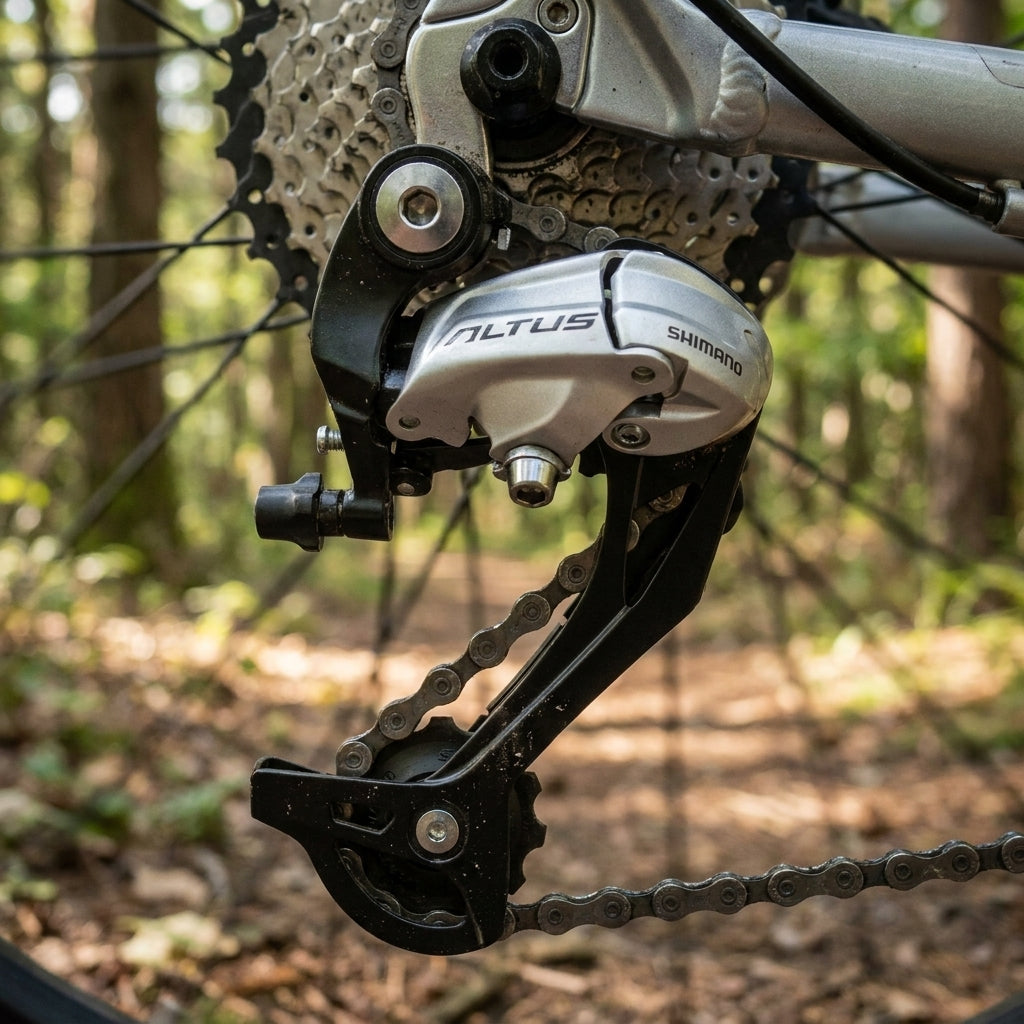 Shimano Altus RD-M370 9-fach Schaltwerk lang silber für präzise und zuverlässige Schaltperformance am Fahrrad.