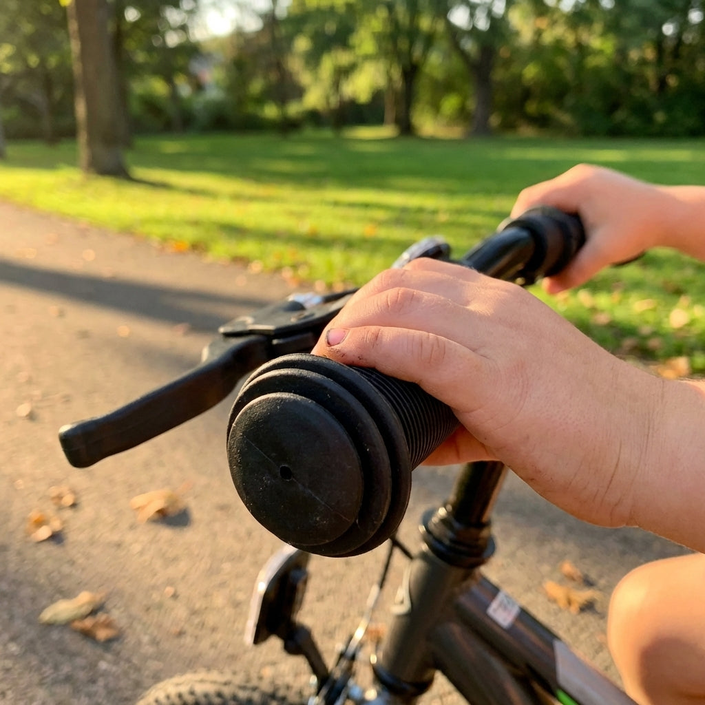 Kinderhände halten schwarze XLC Kindergriffe GR-G18 82mm am Fahrradlenker.