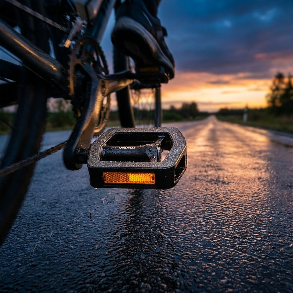 Voxom Pedal Touring Pe13 schwarz mit sandpapier Beschichtung und Reflektor auf nasser Straße bei Sonnenuntergang.