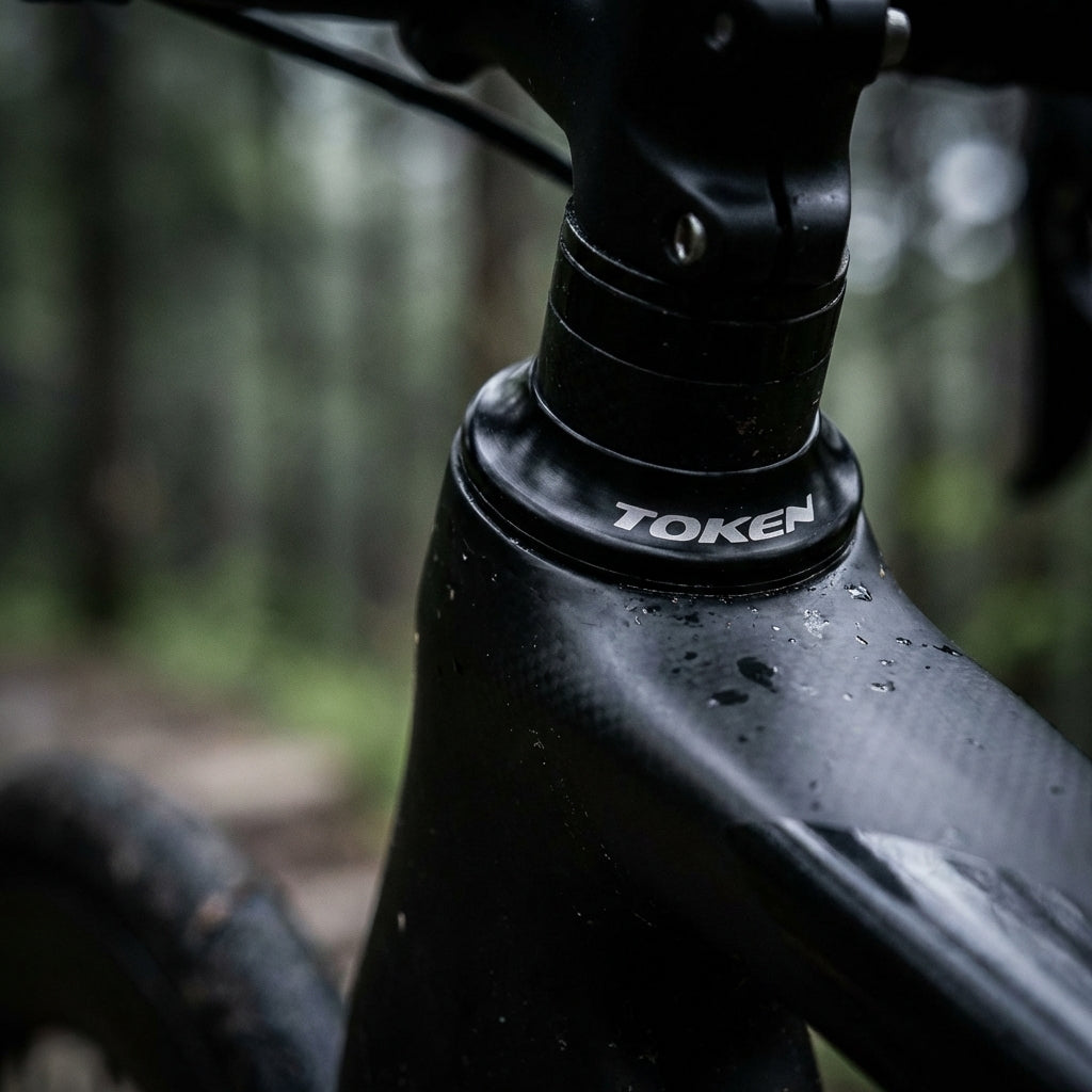 Nahaufnahme vom schwarzen TOKEN Steuersatz MTX AHead 1 1/8" 44mm am Mountainbike im Wald.