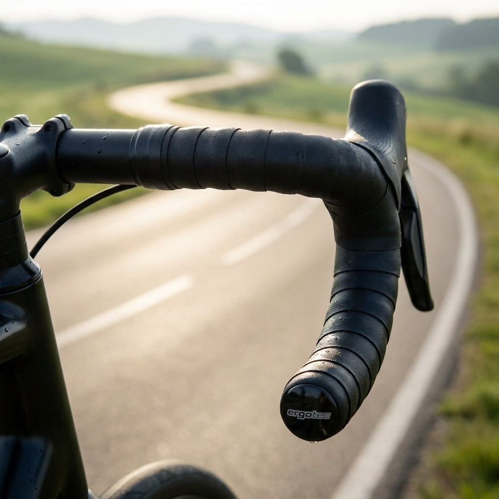Ergotec Polster-Lenkerbandset Vigo schwarz an Fahrradlenker vor kurviger Straße.