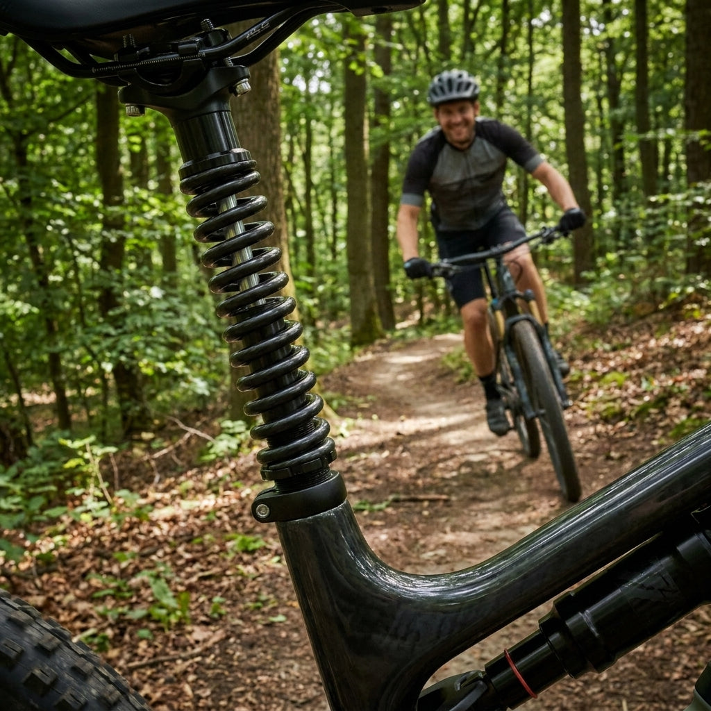 XLC Ersatzfedern hart für gefederte Sattelstütze am Mountainbike im Wald. Radfahrer fährt auf Trail.