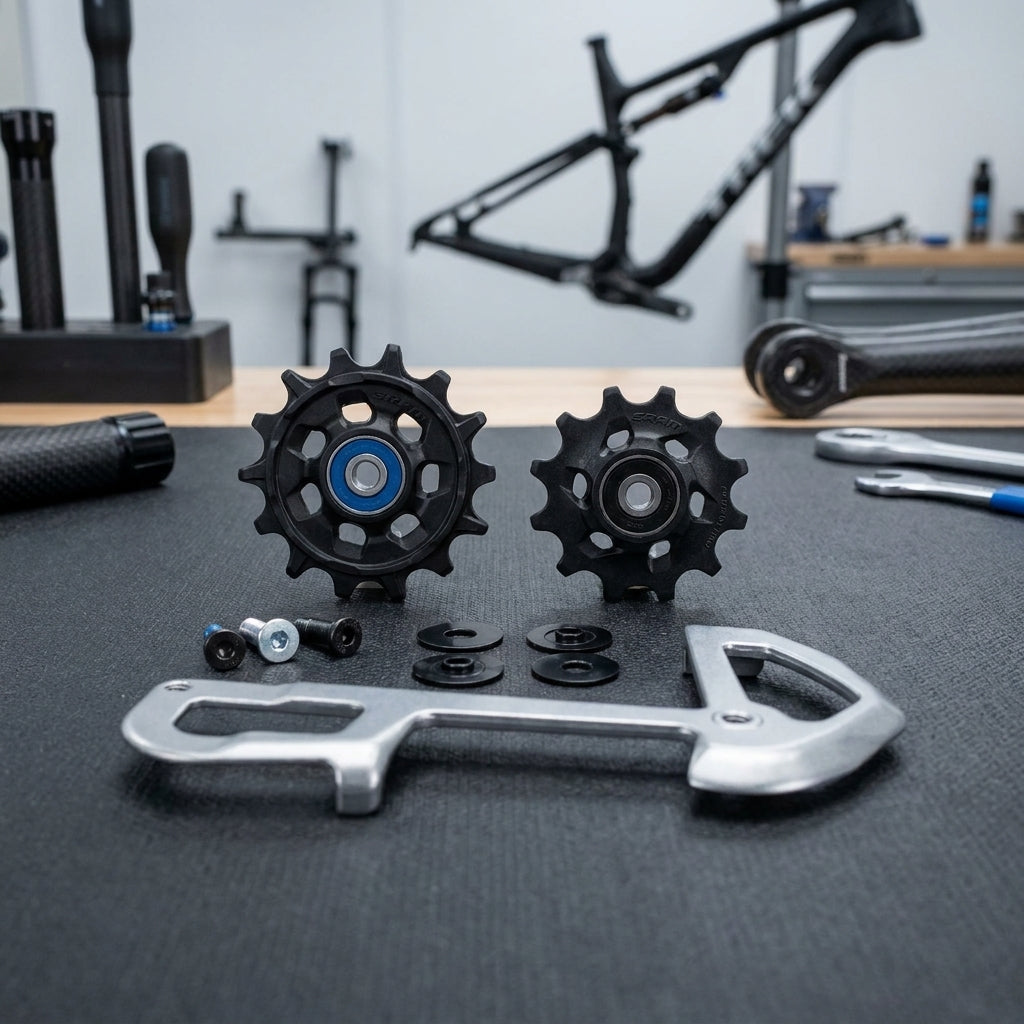 SRAM XX1 Eagle Schaltrollen und Innenkäfig (grau) für präzises Schalt-Tuning, mit Schrauben und Werkzeug.