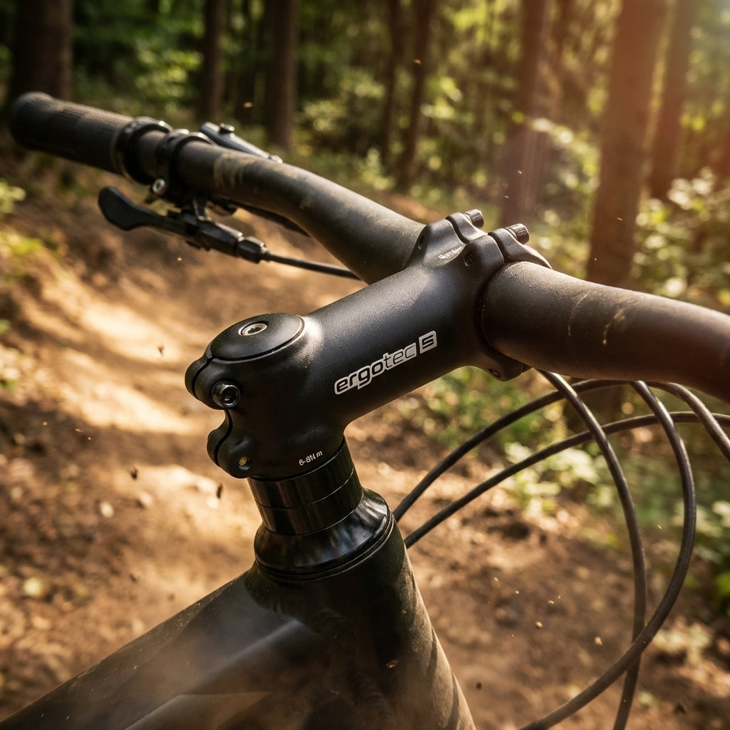 Ergotec AHEAD Vorbau Shark Alu schwarz am Mountainbike auf Waldweg.