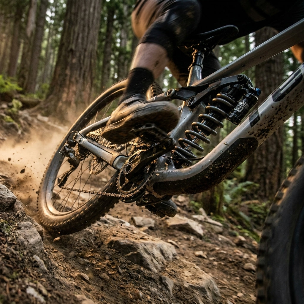 Graue Rockshox Feder am HR-Dämpfer in Aktion auf steinigem Mountainbike-Trail im Wald, Staub fliegt.