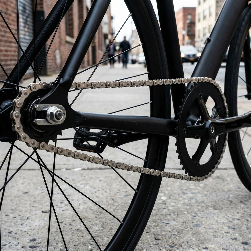 KMC Z1 Wide Fahrradkette silber, 1/2 x 1/8 Zoll, 112 Glieder, am schwarzen Singlespeed-Fahrrad montiert.