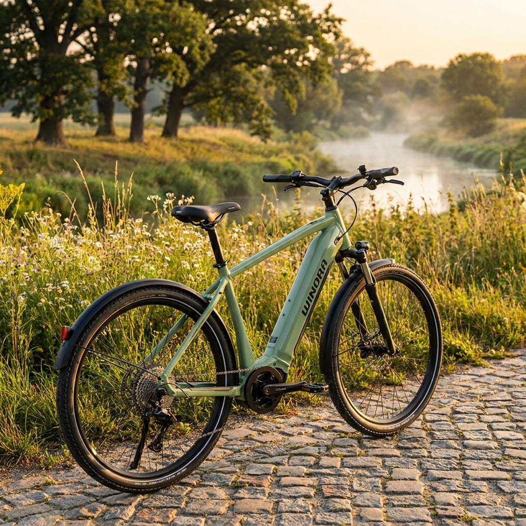 Winora YUCATAN X10 E-Bike pistazie, 800Wh Akku, 10-Gang, Trekkingrad auf grünem Pfad. Komfortables City- und Tourenrad.
