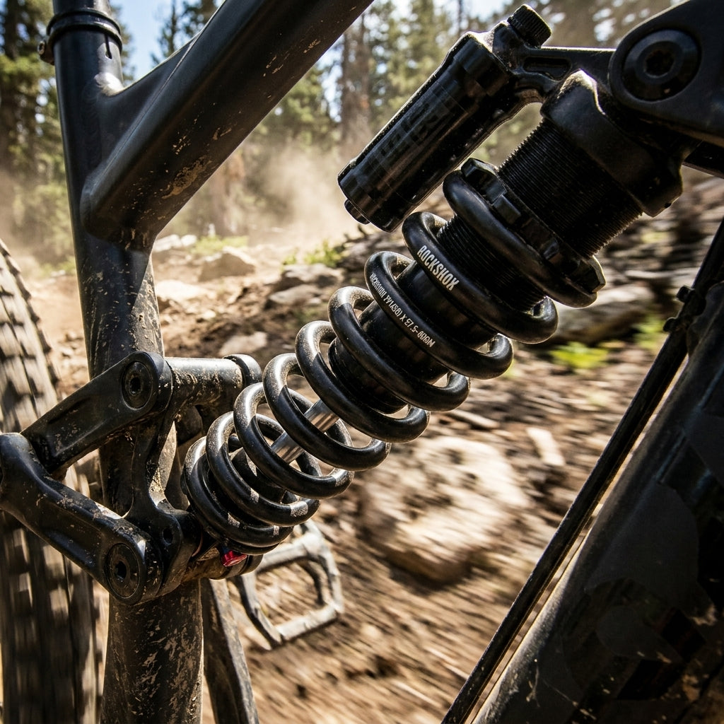 Schwarze RockShox 600LB Feder für metrische Dämpfer am Mountainbike auf staubigem Trail in Aktion.