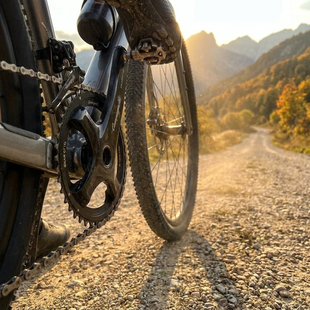 Campagnolo Ekar GT 13s Kurbelgarnitur am Gravelbike. Hochwertige 13-fach Fahrradkurbel für Offroad-Abenteuer und Bikepacking.