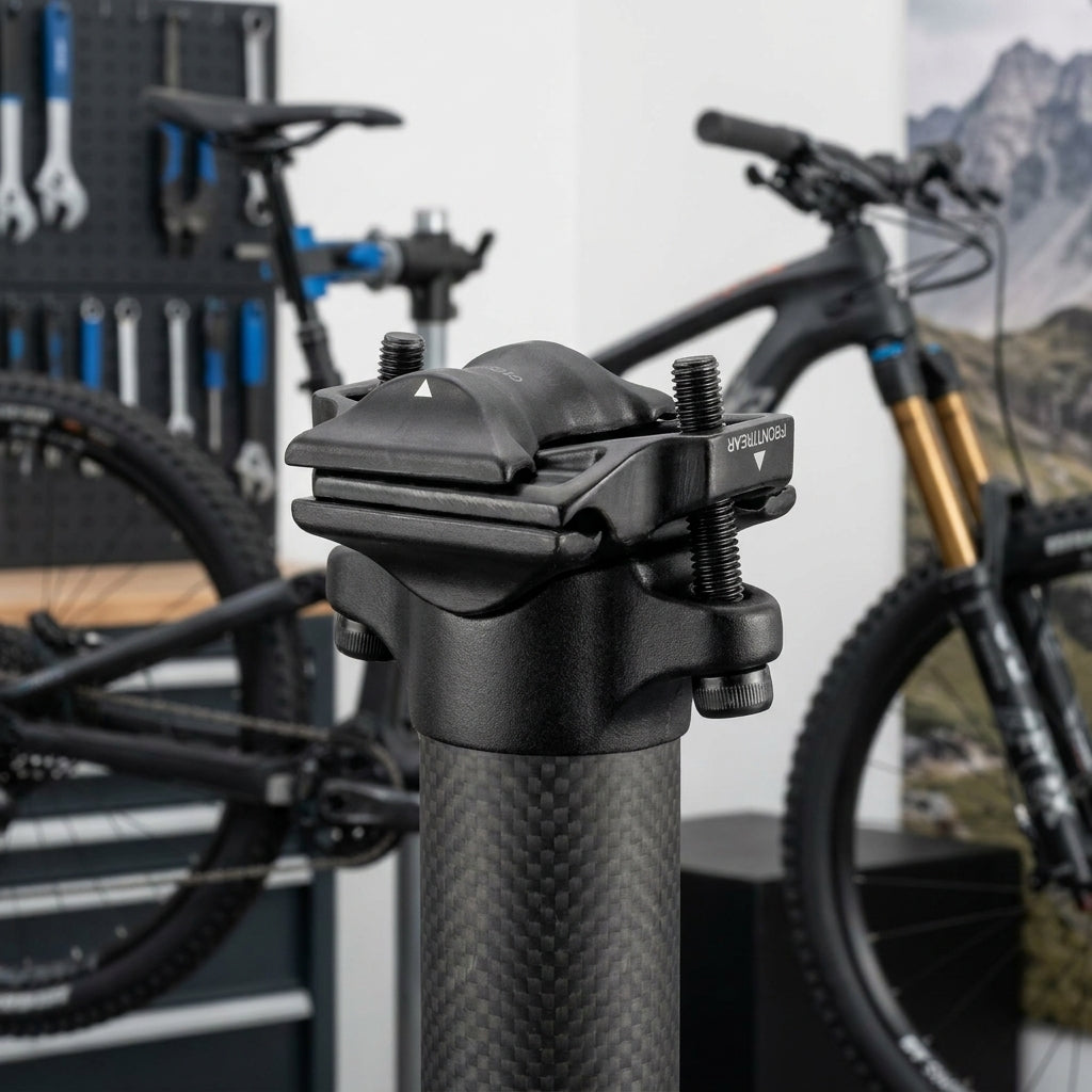 Schwarzes DT Swiss D232 Sattelklemmen Kit 30,5 mm auf Carbon-Sattelstütze für präzisen Halt der D232 One Stützen.