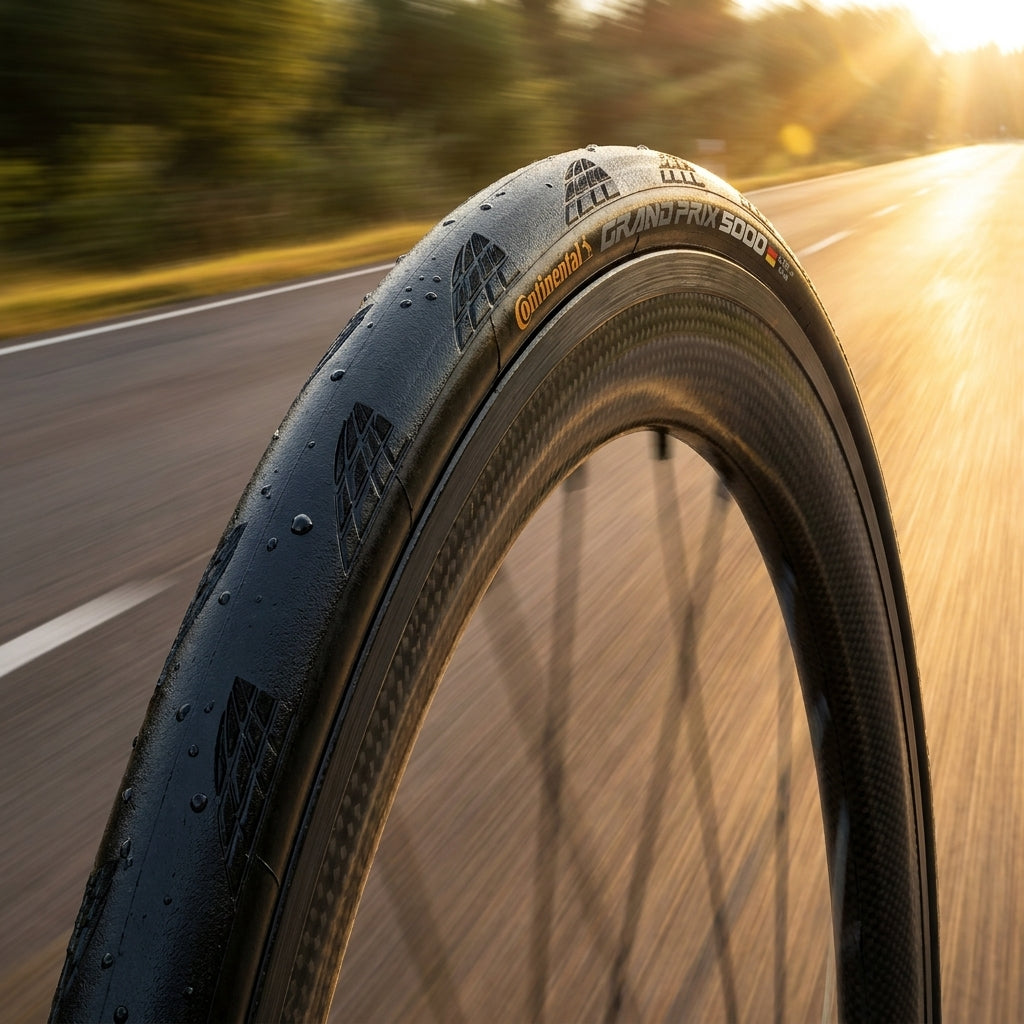 Continental Grand Prix 5000 Faltreifen schwarz auf Carbon-Laufrad, mit Wassertropfen auf Straße fahrend bei Sonne.
