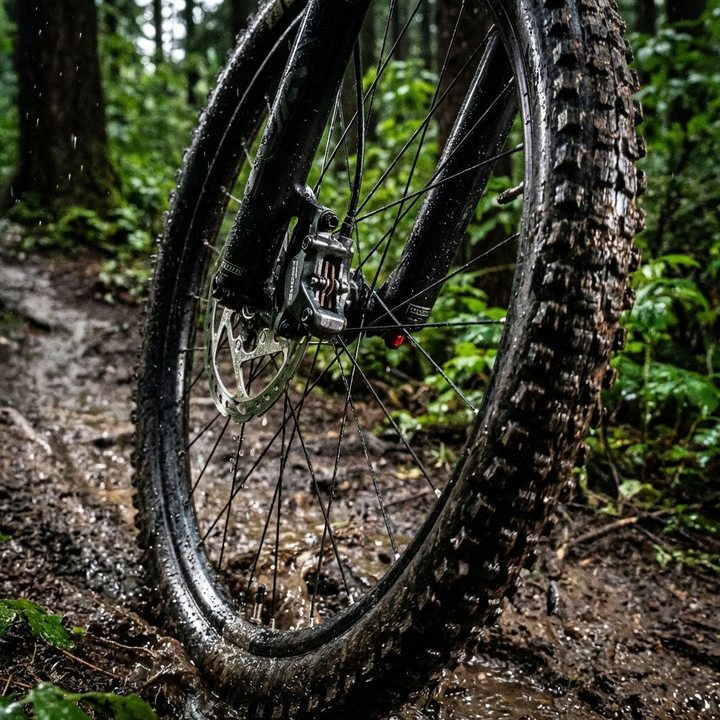 Voxom Scheibenbremsbeläge BSC2 Shimano Deore am Mountainbike-Vorderrad auf schlammigem Waldweg.