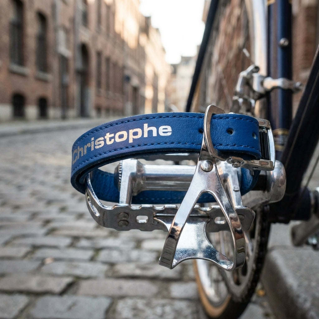 Blauer Christophe Riemen am klassischen Fahrradpedal auf Kopfsteinpflaster.