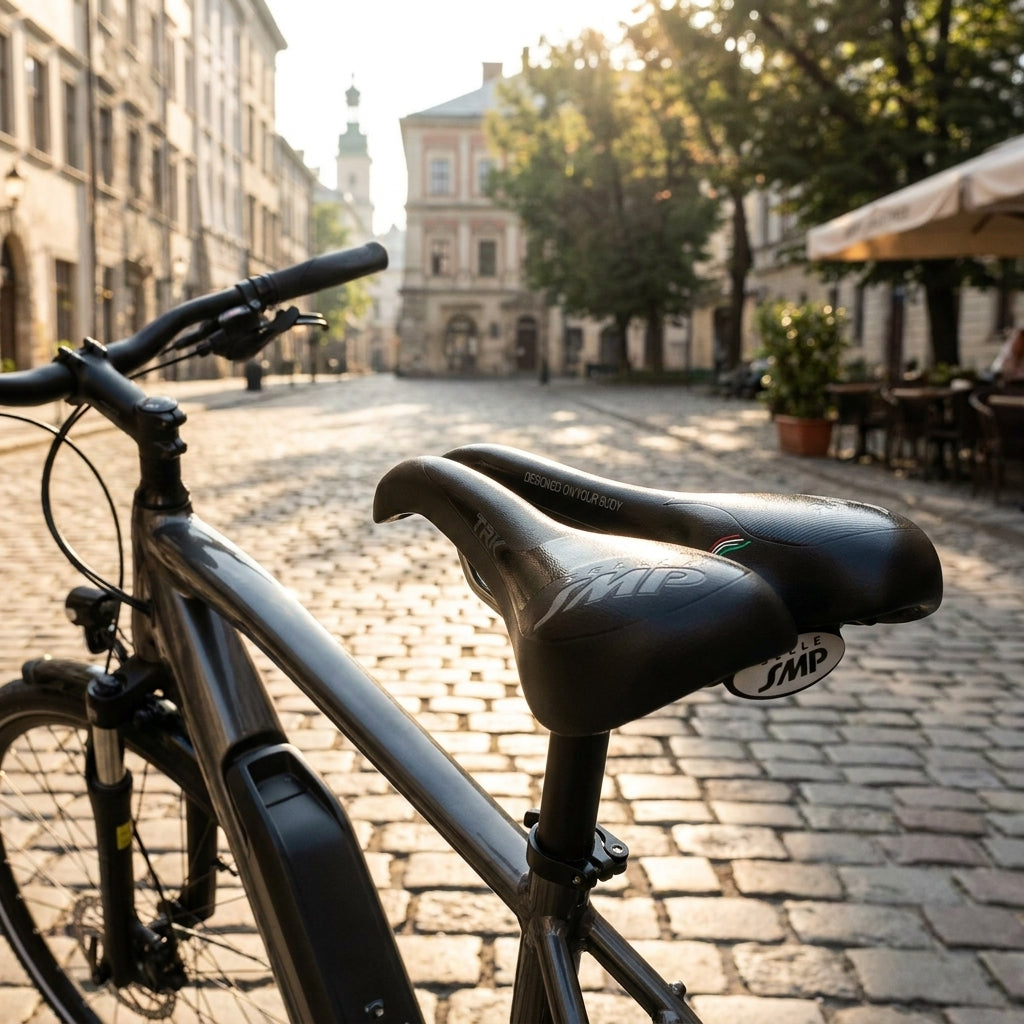 Selle SMP TRK Medium Gel Herren Fahrradsattel schwarz auf E-Bike in sonniger Altstadt.