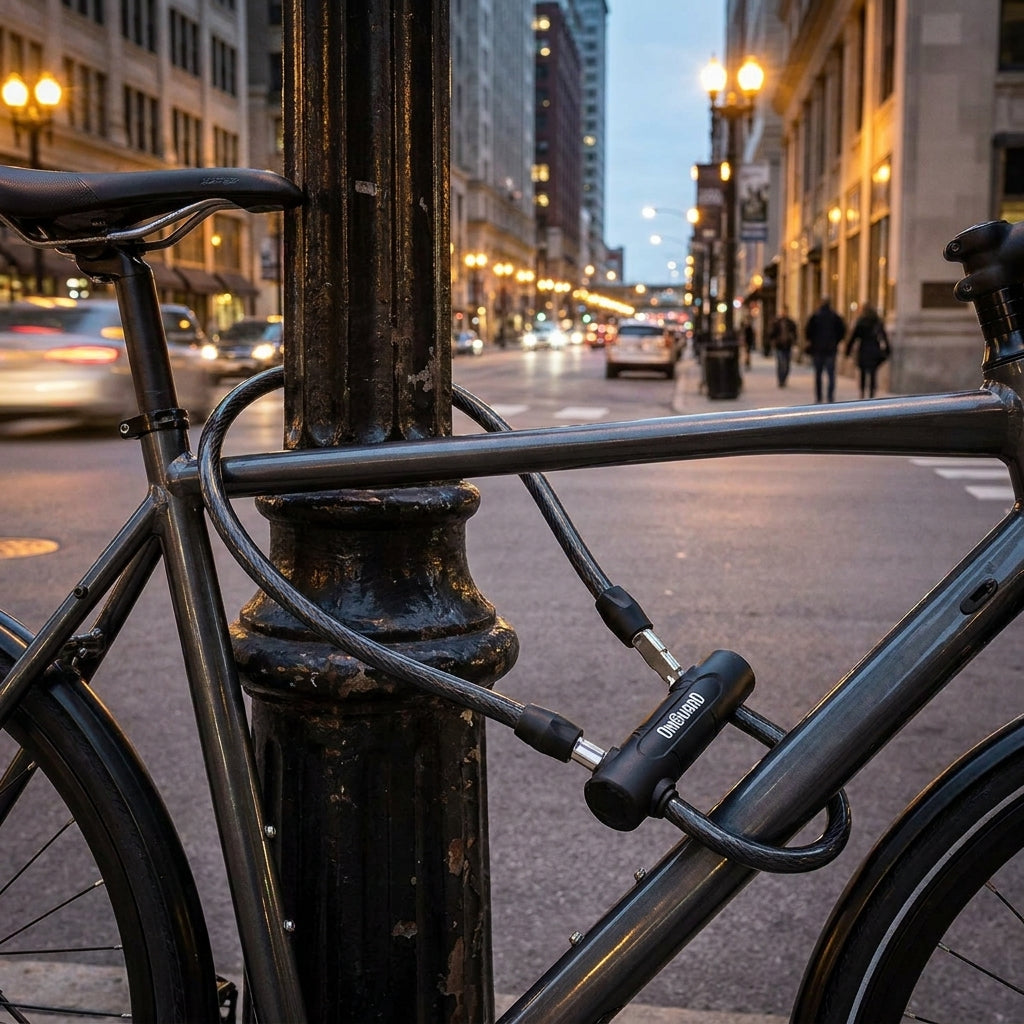 Onguard Kabeleinheit sichert dunkles Fahrrad an Laterne in beleuchteter Stadt.