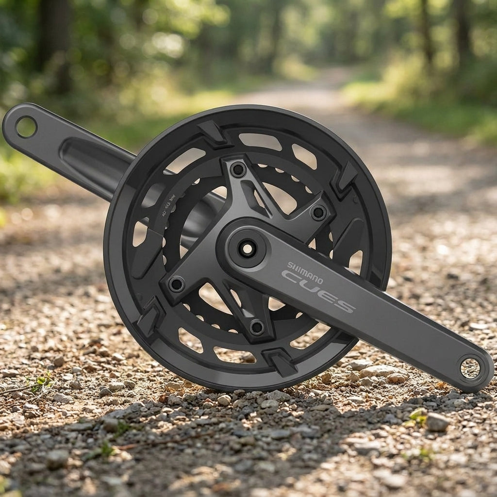 SHIMANO CUES FC-U6000 Kurbelgarnitur (46-30, 10-fach, 175mm) auf einem Schotterweg.