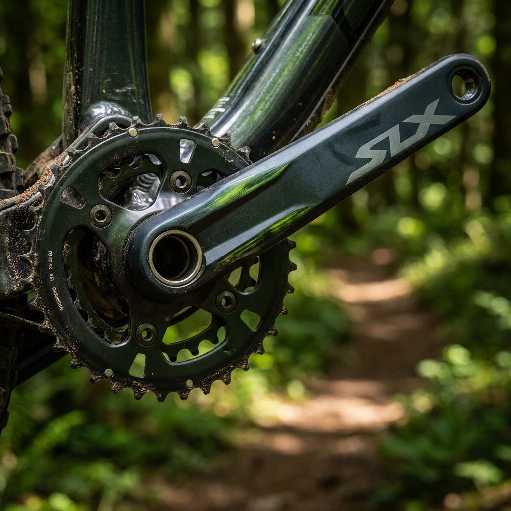 Verschmutzte Shimano SLX FC-M7120-B2 12-fach Kurbelgarnitur 36-26 Zähne am Mountainbike auf Waldweg.