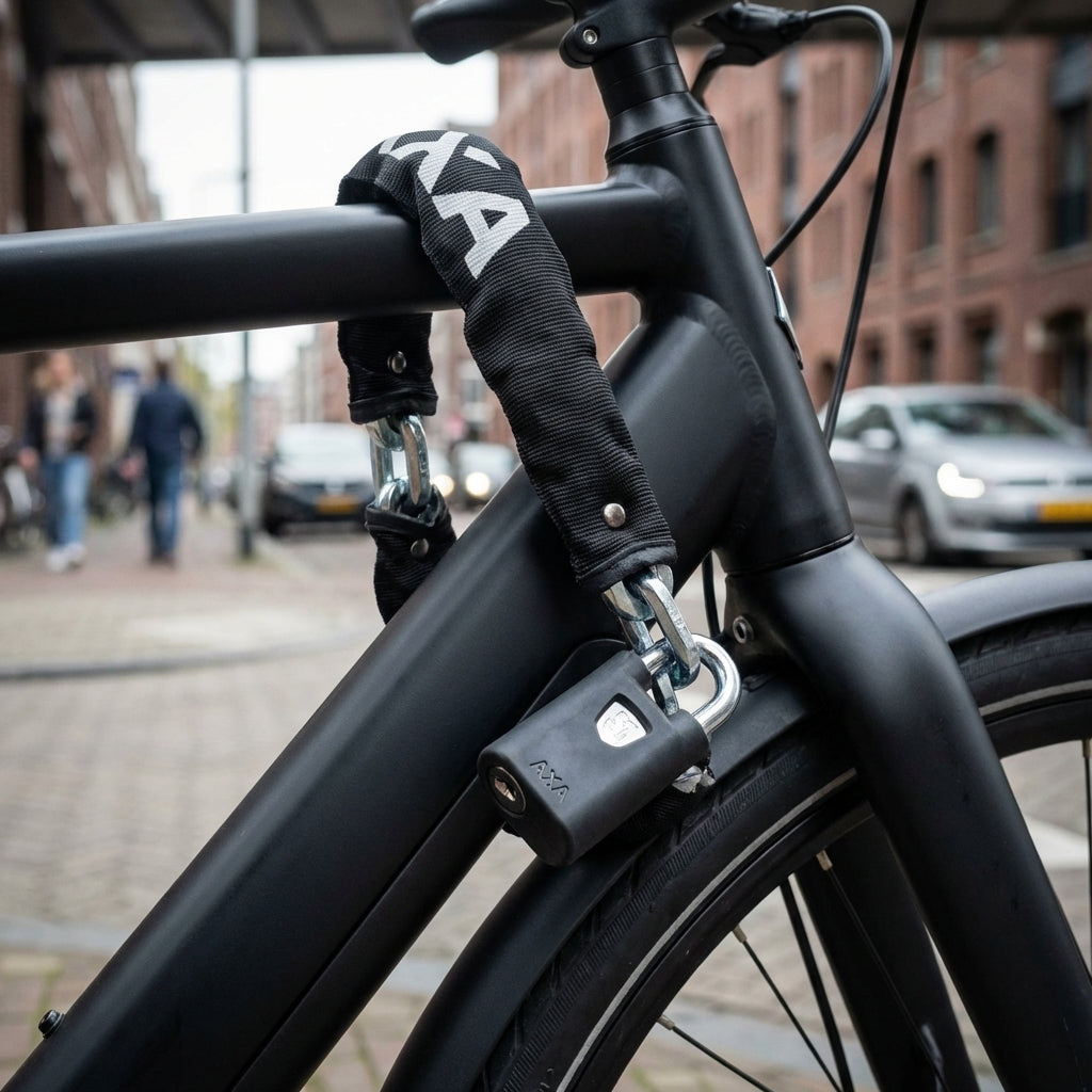 Axa Kettenschloss Fahrrad Clinch CH105 Plus 105 cm 7,5 mm schwarz an Fahrrad befestigt.