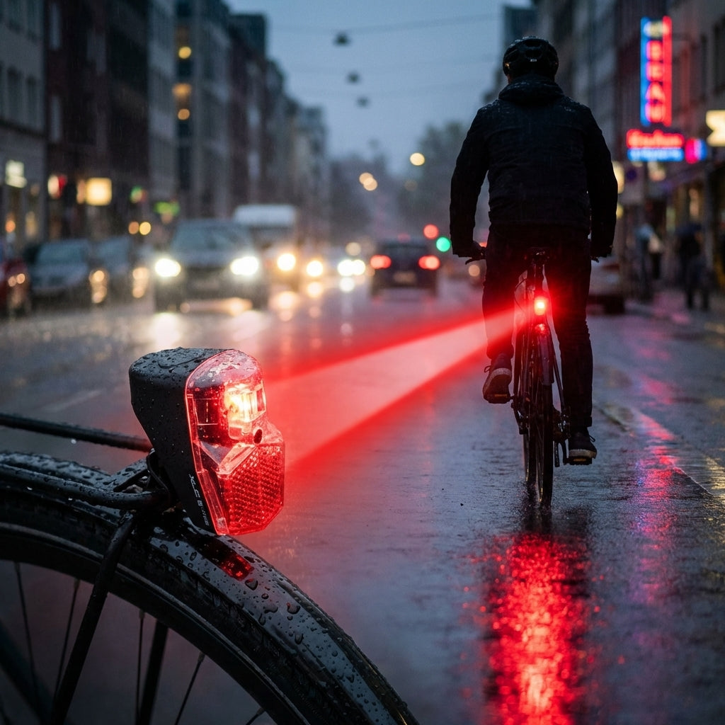 XLC CL-E52 LED-Rücklicht schwarz/rot, StVZO-zugelassen, auf Schutzblech montiert, Lichtstrahl auf nasser Straße.