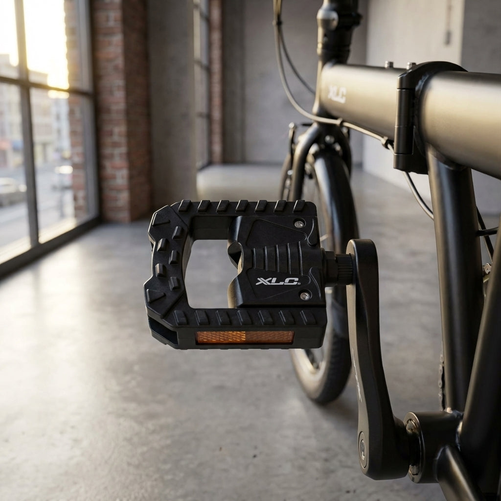 XLC Faltpedal PD-F01 in Schwarz mit Reflektoren und Gummiauflage fuer platzsparende Fahrraeder und Pendler.