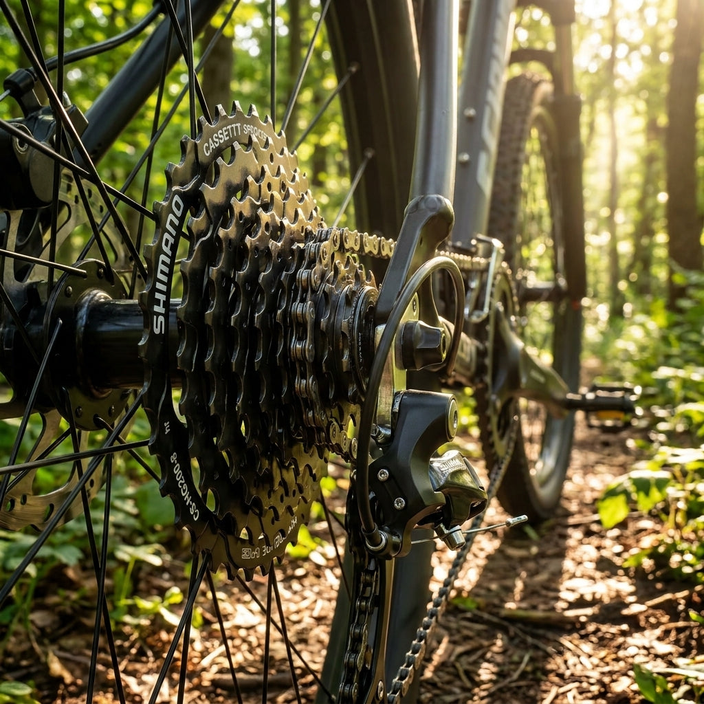 SHIMANO Kassette CS-HG200 8-fach 12-32 Zähne am Mountainbike im Wald für zuverlässige Schaltperformance.