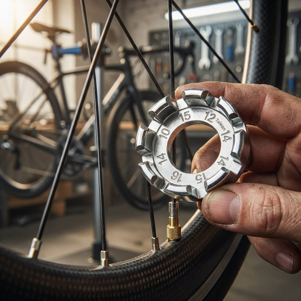 Longus Speichenschlüssel Universal 10G-15G Nippelspanner an einem Fahrrad-Laufrad für präzise Laufradpflege.