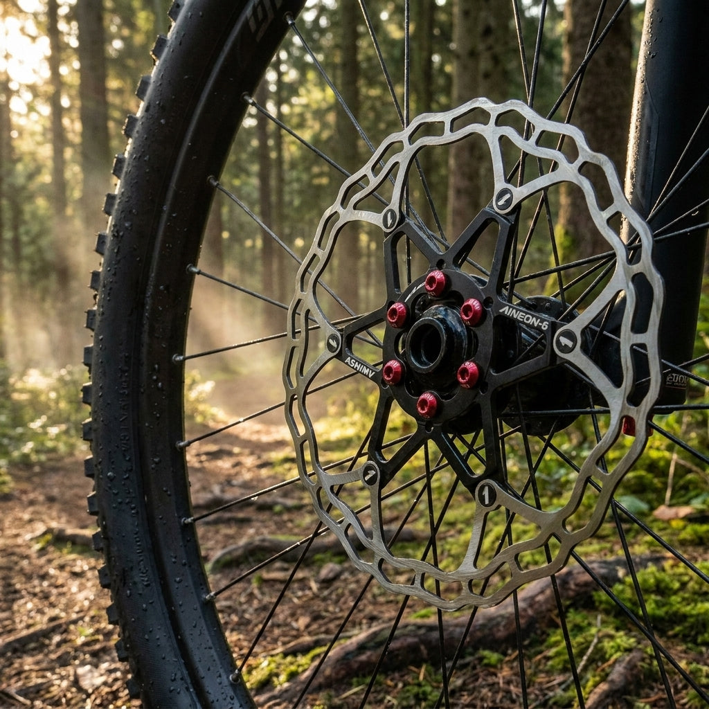 Ashima AINEON-6 Bremsscheibe ARO-10 2-teilig am Mountainbike-Rad im Wald.