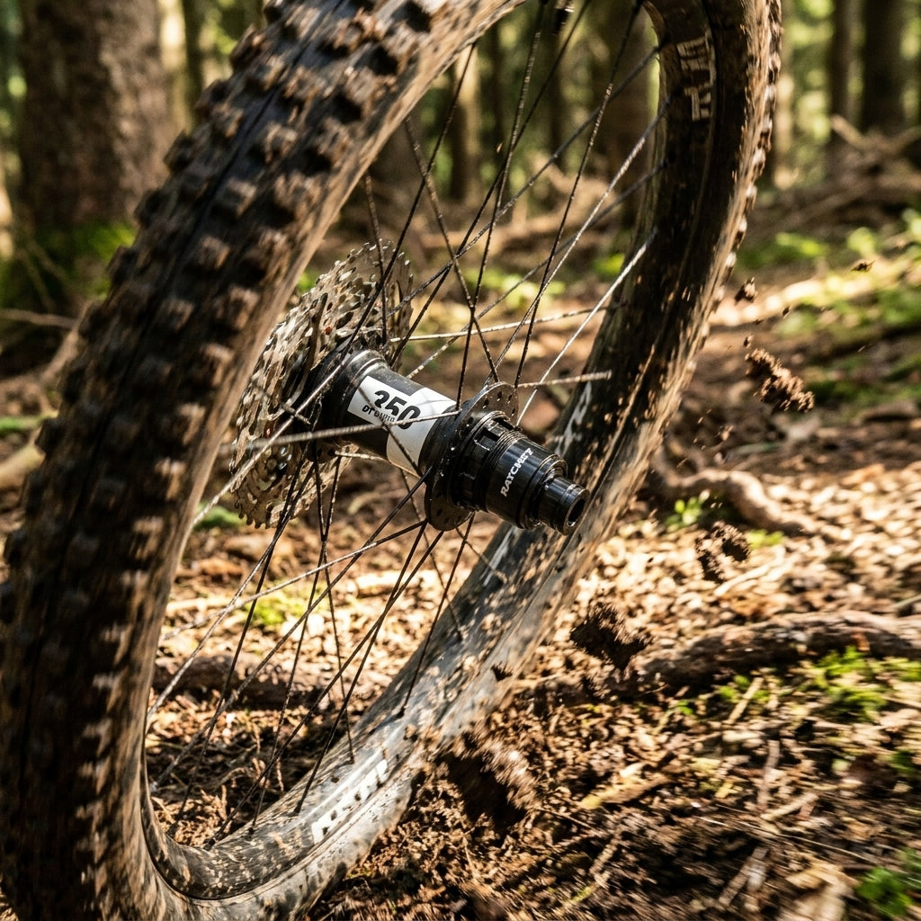 Robuste DT Swiss 350 MTB Hinterradnabe mit Ratchet-System im Einsatz auf matschigem Trail.