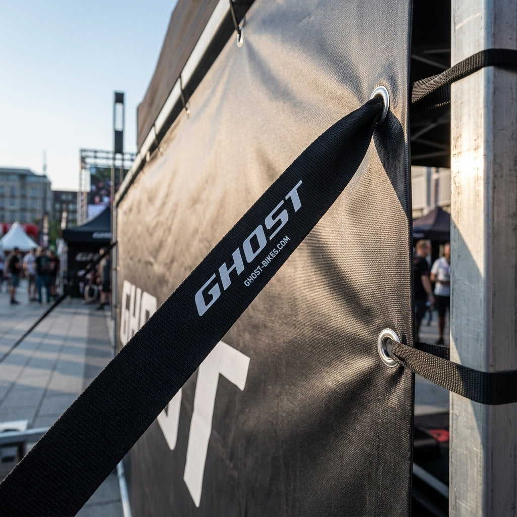 Schwarzes Ghost Fahrrad-Spannband mit Logo, befestigt an einem Event-Banner mit Ösen.